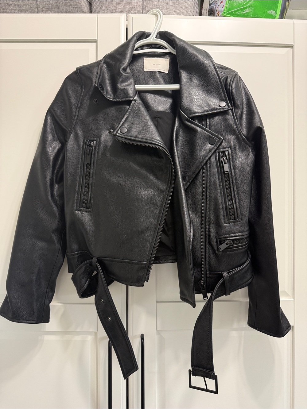 OAK + FORT Black Faux Leather Moto Jacket with Belt